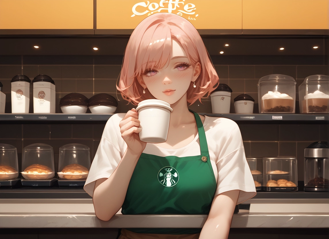 1girl, solo, cup, shirt, earrings, jewelry · Yamete.gg