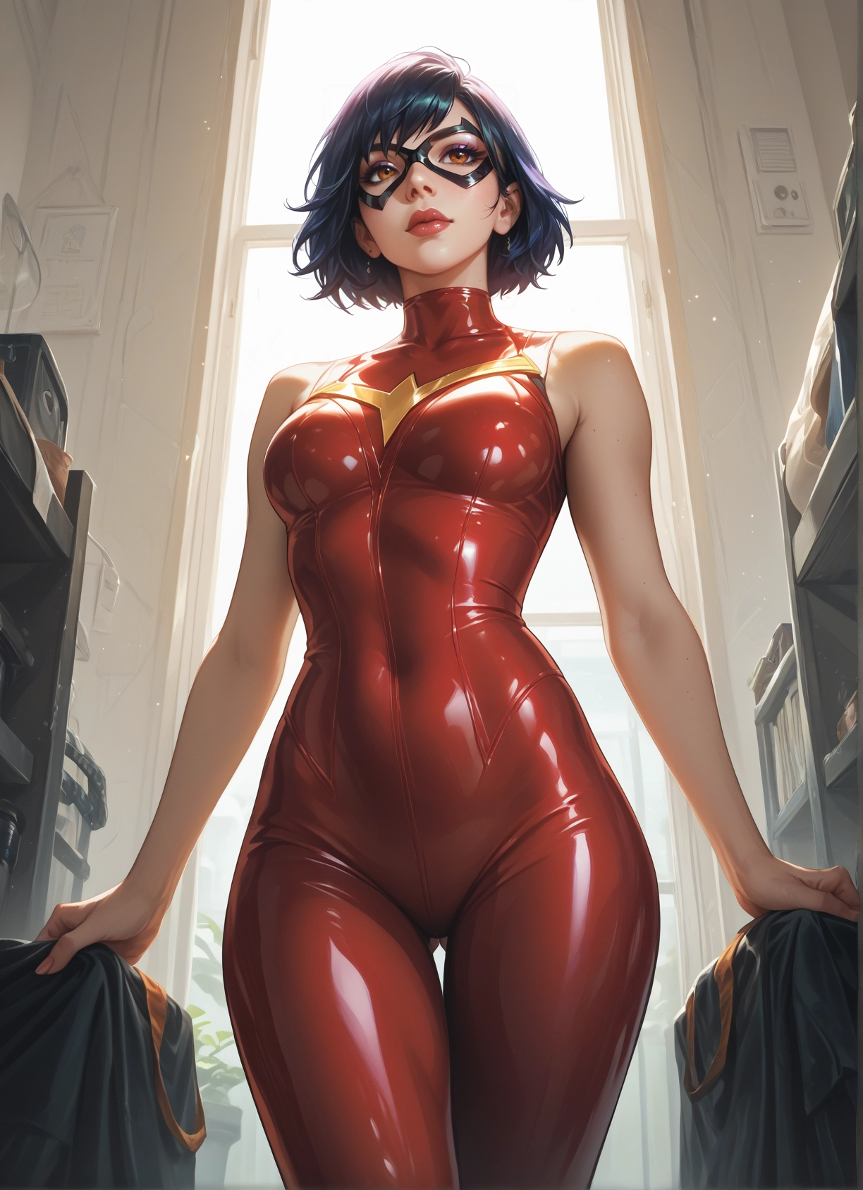 1girl, bodysuit, short hair, breasts, mask, solo · Yamete.gg