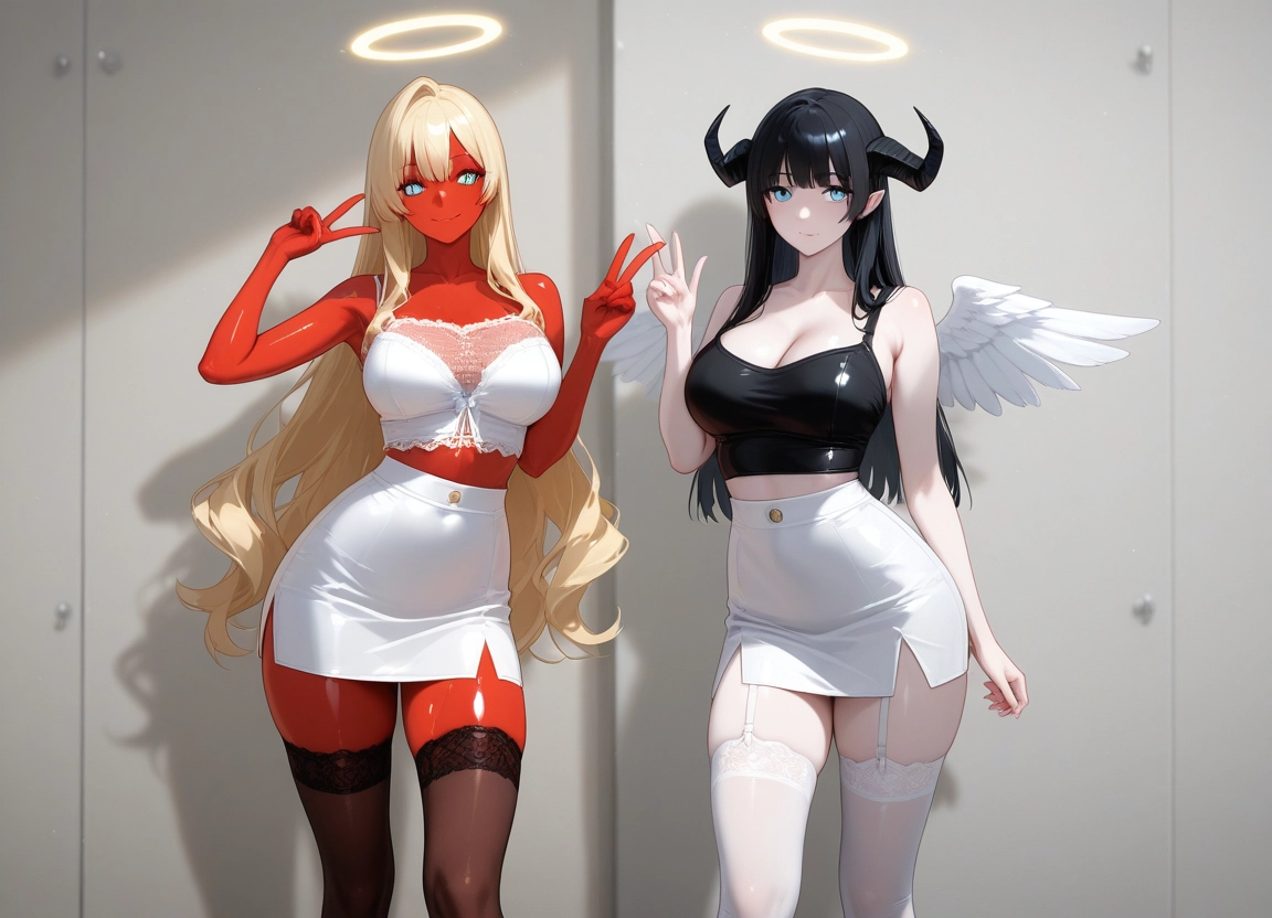 breasts, multiple girls, 2girls, horns, thighhighs, blonde hair · Yamete.gg