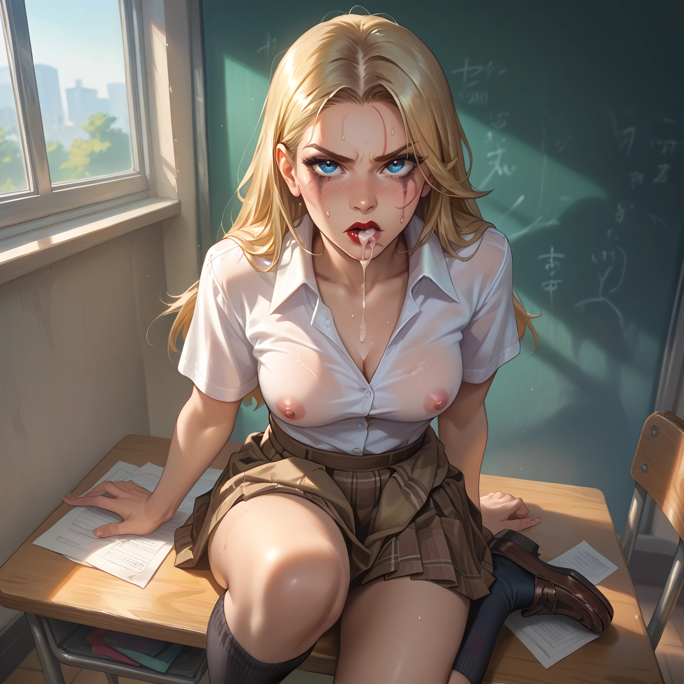 1girl, breasts, skirt, blonde hair, cum, blue eyes · Yamete.gg