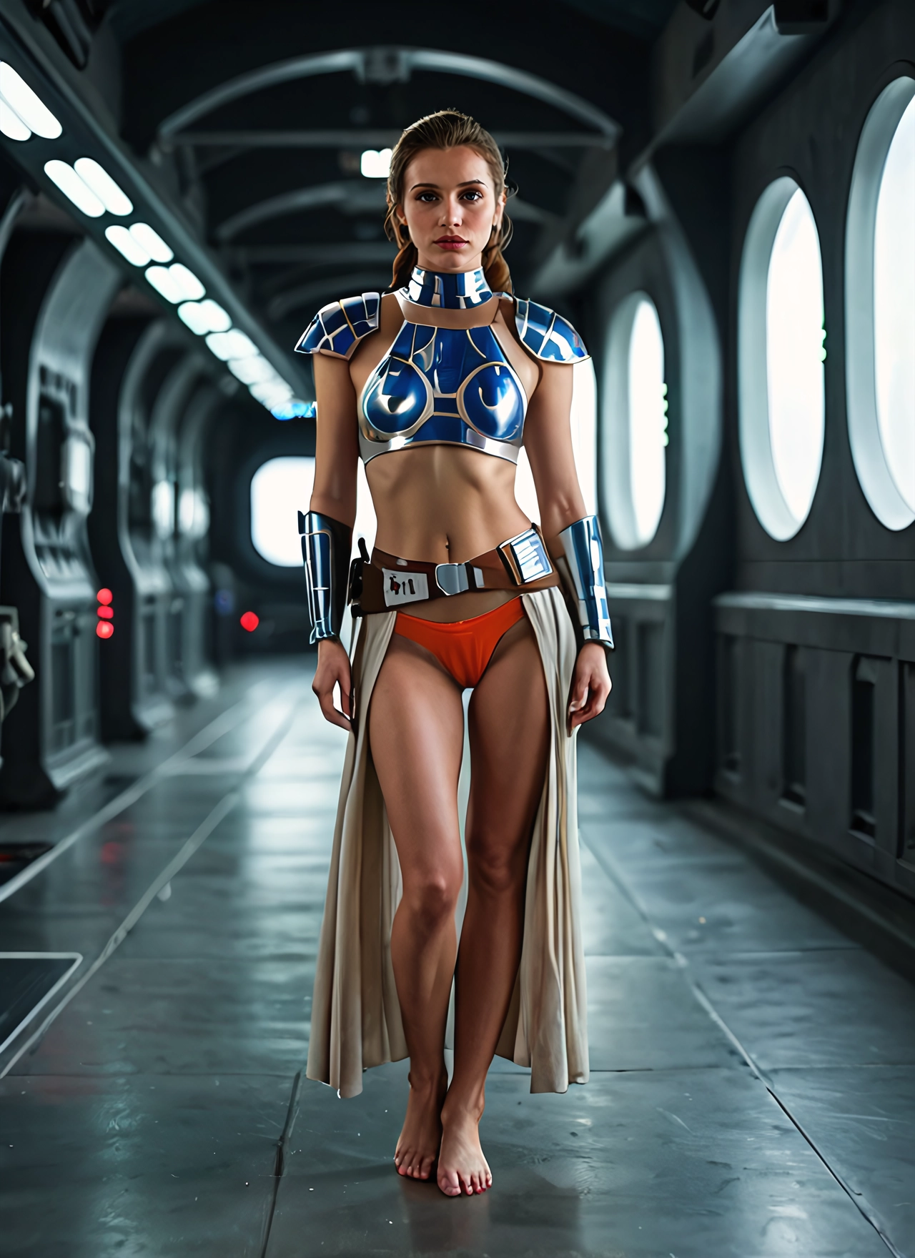 1girl, solo, armor, barefoot, blonde hair, piercing · Yamete.gg