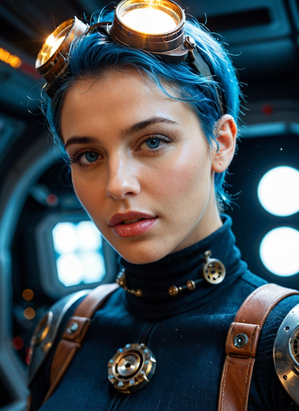 1girl, solo, goggles, goggles on head, blue hair, blue eyes · Yamete.gg