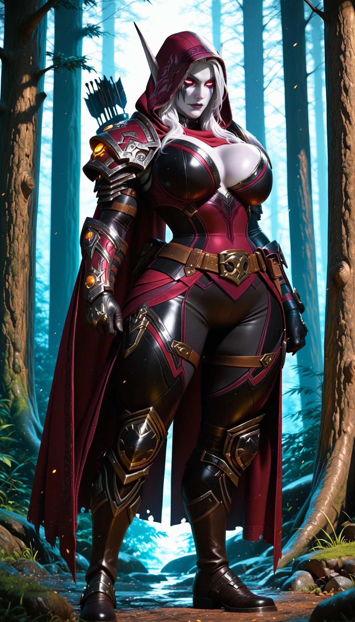 1girl, breasts, solo, forest, hood, colored skin · Yamete.gg