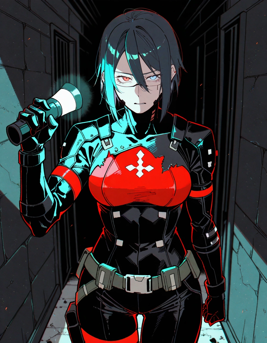 1girl, heterochromia, bodysuit, solo, red eyes, blue eyes · Yamete.gg