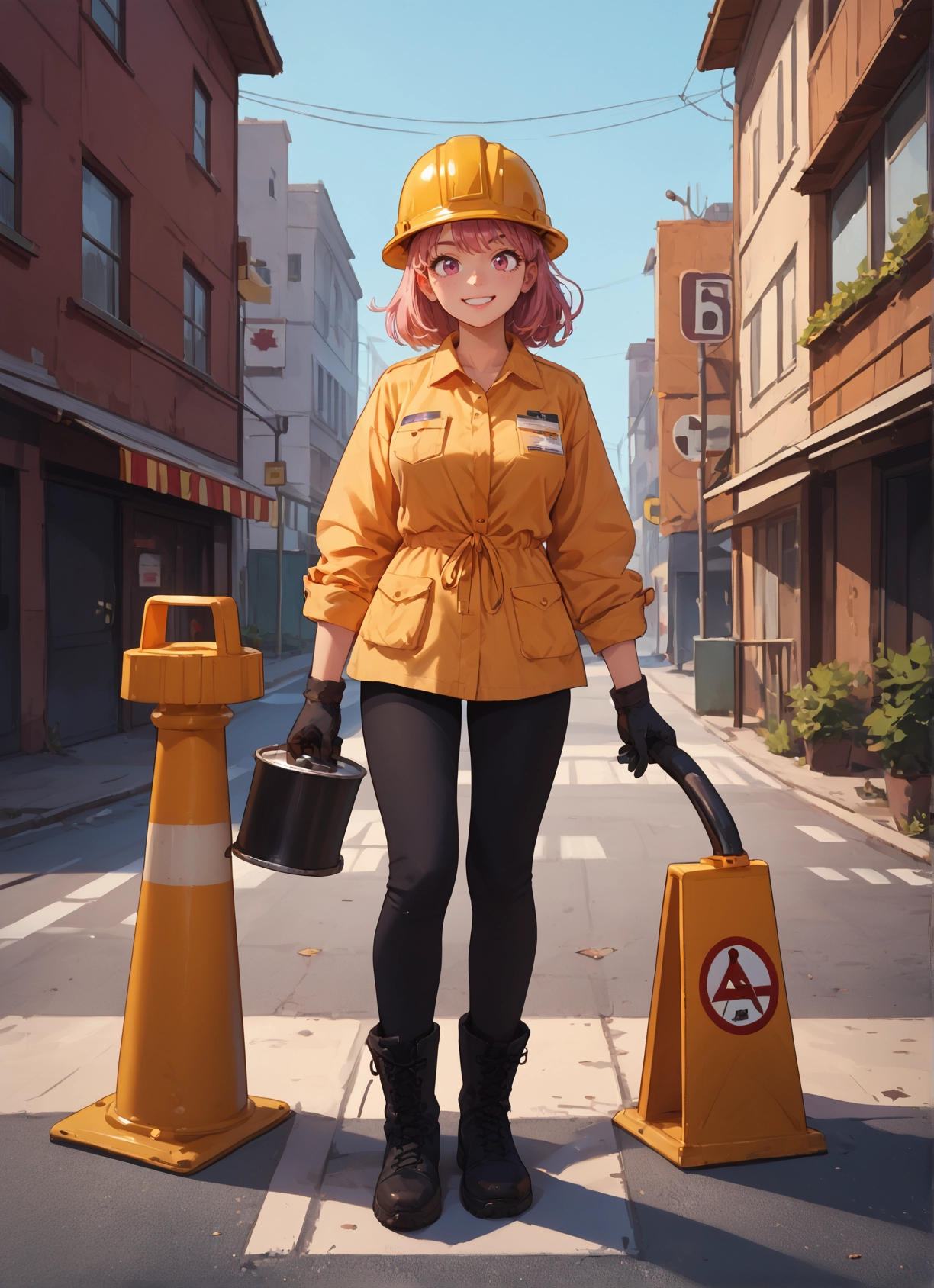 1girl, gloves, solo, smile, boots, pink hair · Yamete.gg