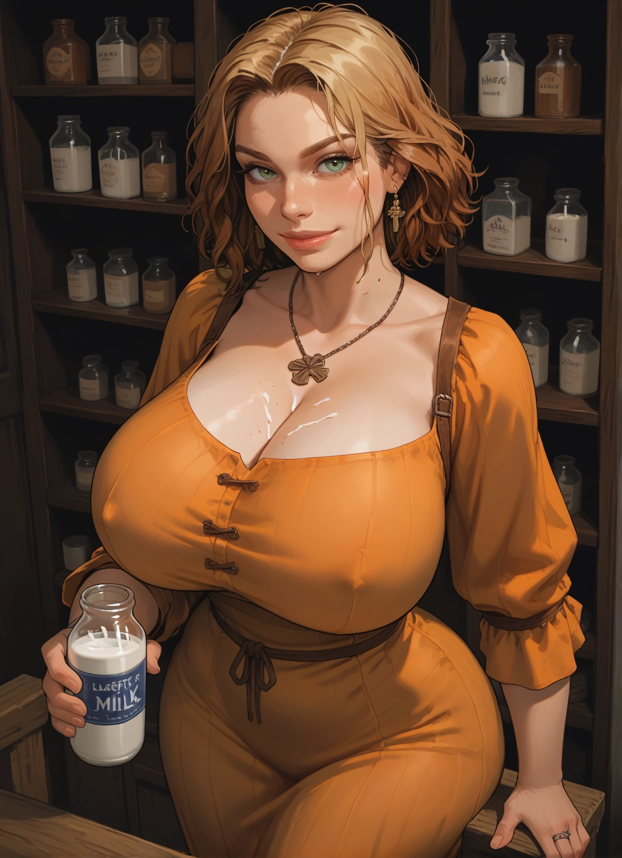 1girl, breasts, jewelry, earrings, green eyes, cleavage · Yamete.gg