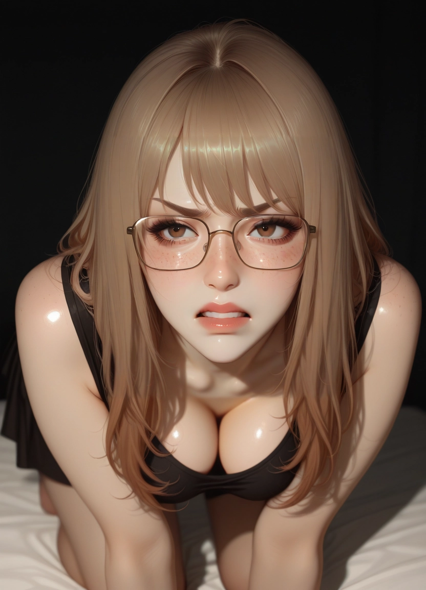 1girl, breasts, solo, looking at viewer, glasses, cleavage · Yamete.gg