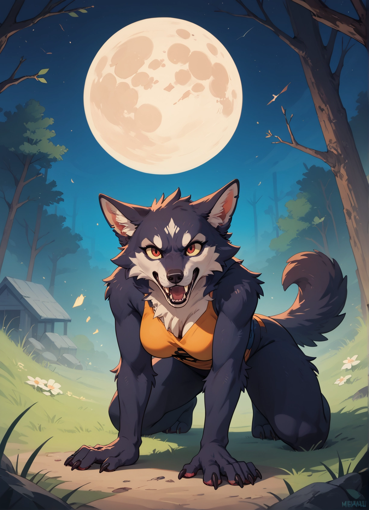 furry, 1girl, moon, tail, breasts, animal ears · Yamete.gg