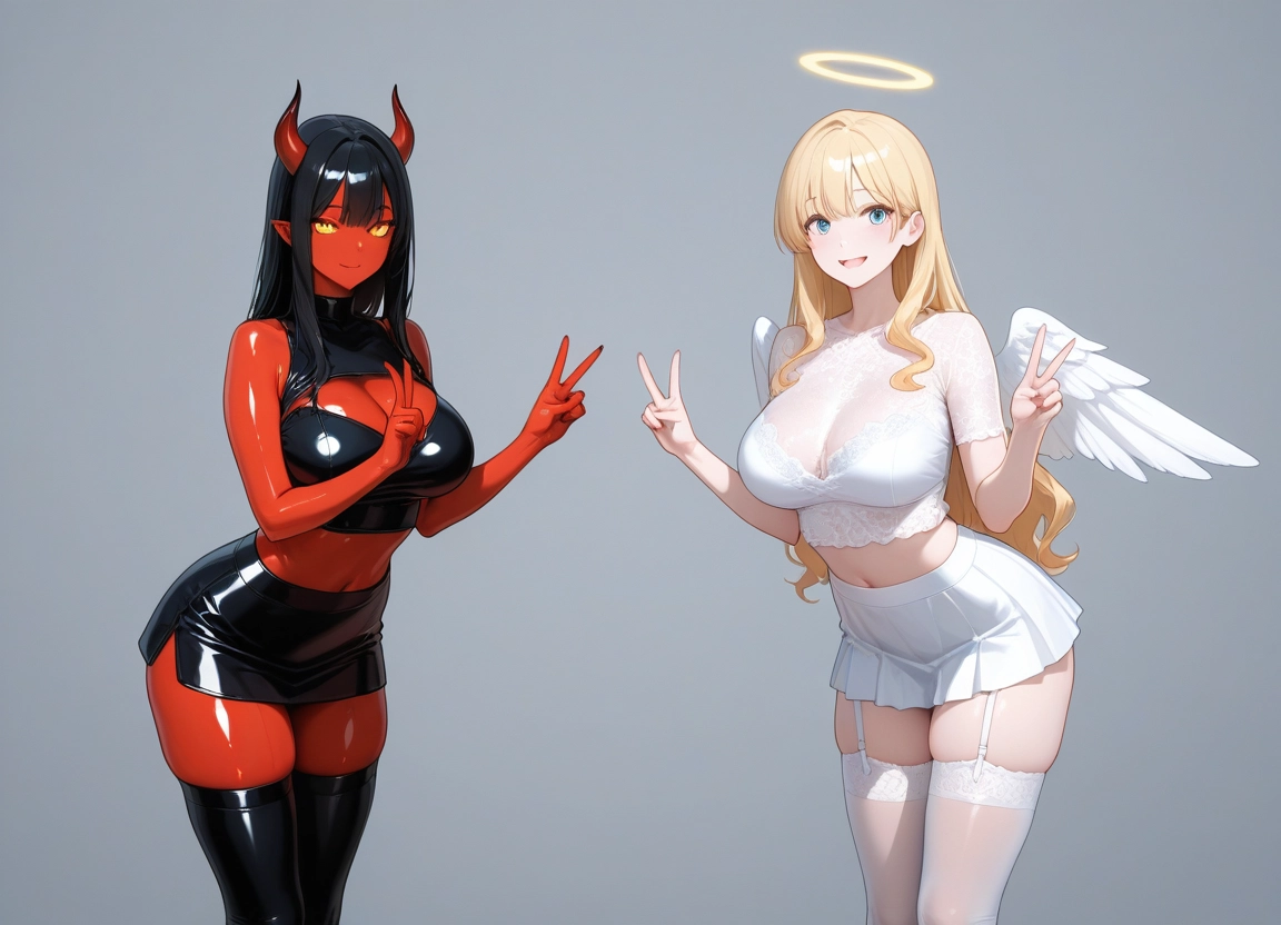 breasts, multiple girls, 2girls, horns, thighhighs, blonde hair · Yamete.gg