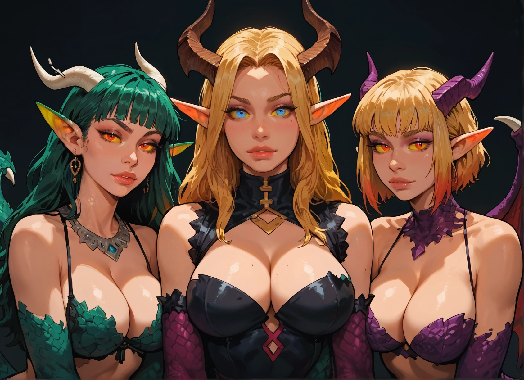 breasts, multiple girls, horns, wings, blonde hair, jewelry · Yamete.gg