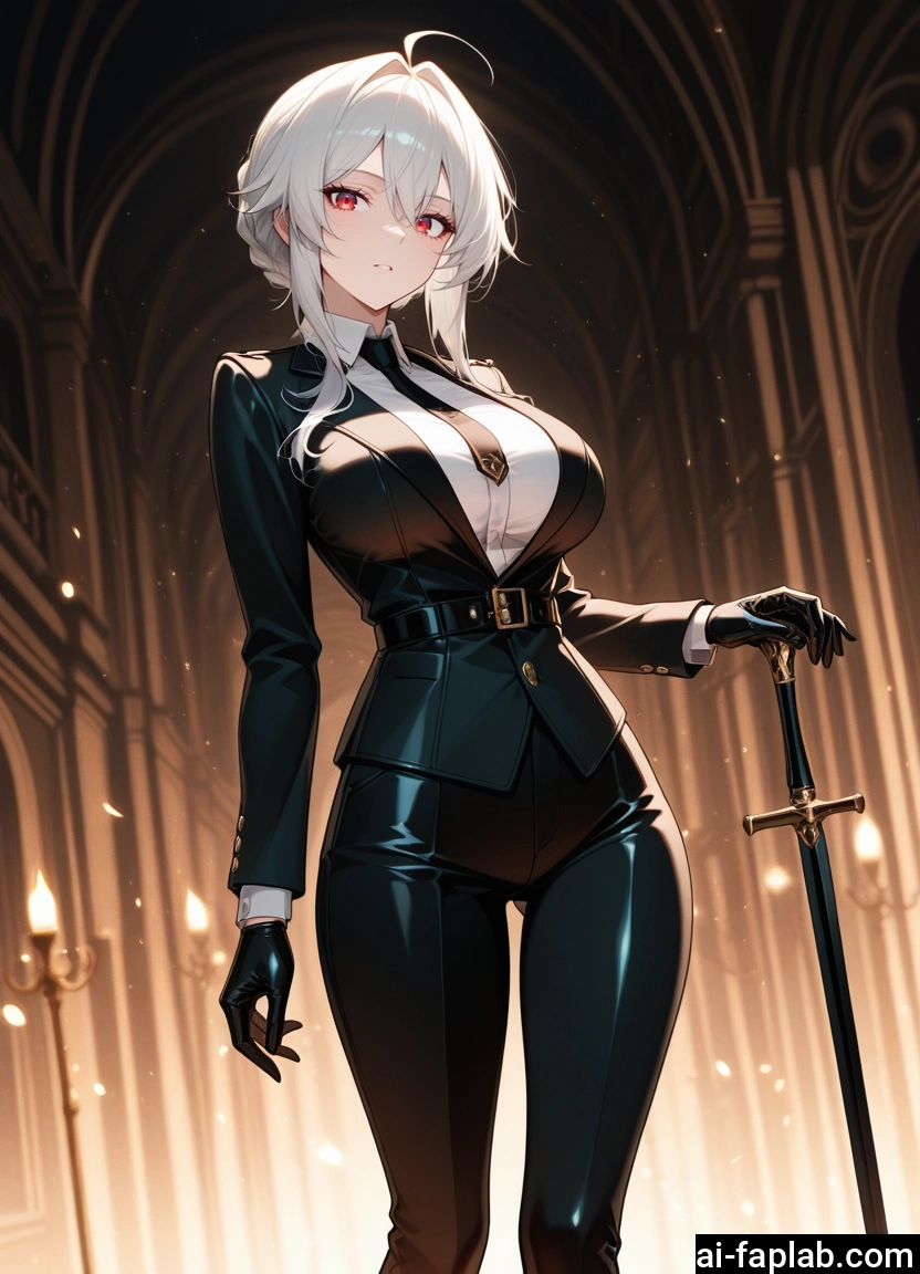 1girl, gloves, breasts, weapon, solo, red eyes