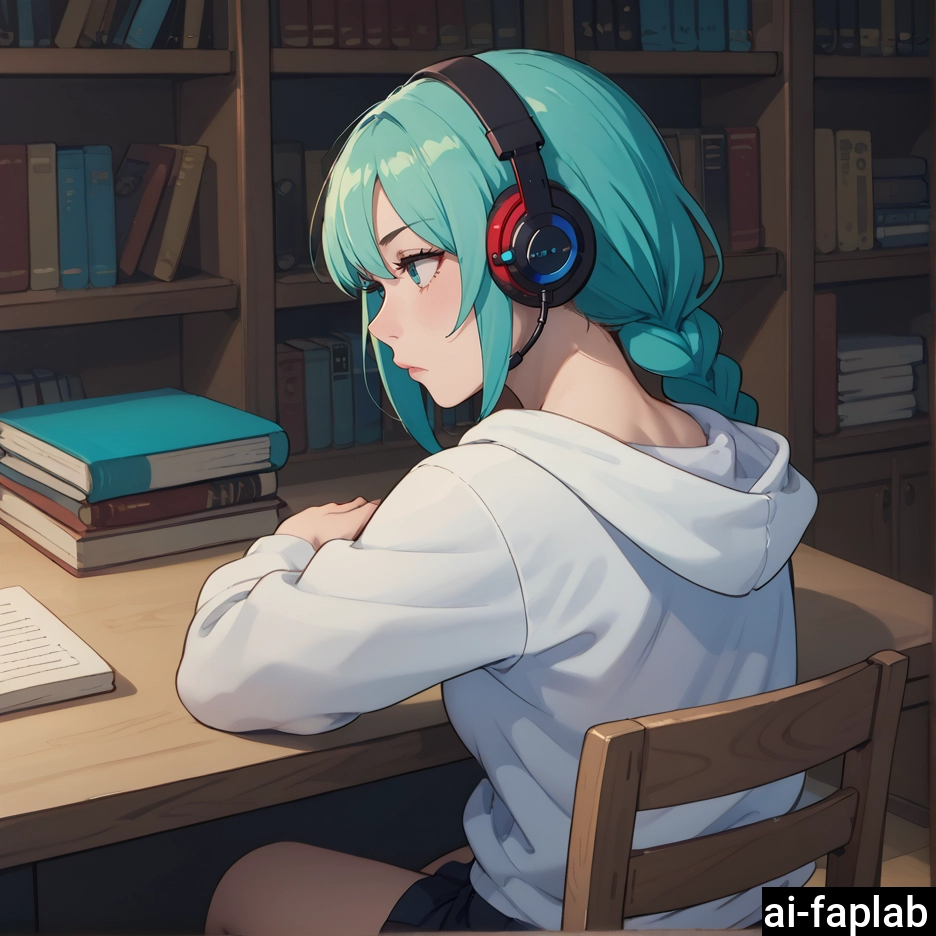 1girl, solo, braid, hood, book, headphones · Yamete.gg