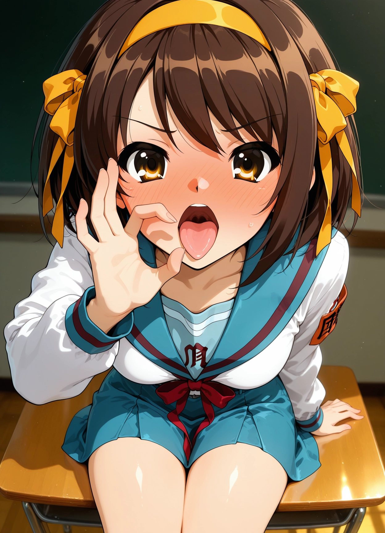 1girl, oral invitation, suzumiya haruhi, kita high school uniform, solo, school uniform · Yamete.gg