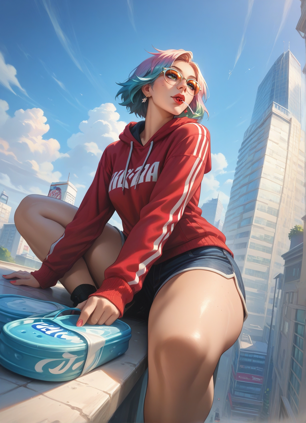 1girl, shorts, hood, jewelry, earrings, hoodie · Yamete.gg