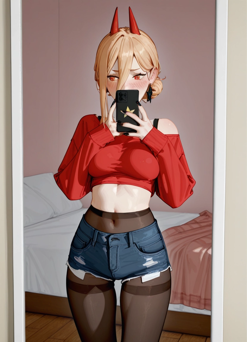 1girl, pantyhose, horns, phone, shorts, navel
