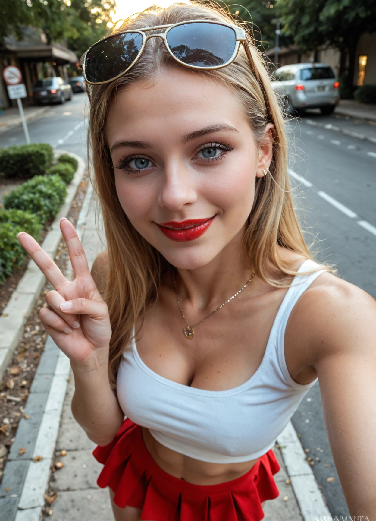 1girl, breasts, solo, v, eyewear on head, jewelry · Yamete.gg