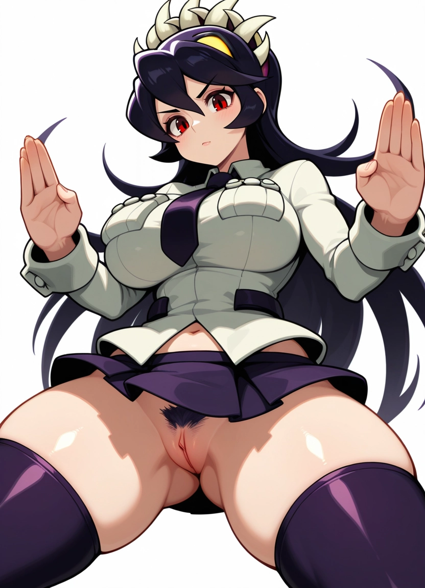 1girl, filia (skullgirls), breasts, solo, red eyes, female pubic hair · Yamete.gg
