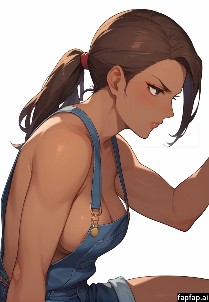 1girl, breasts, overalls, solo, naked overalls, brown hair