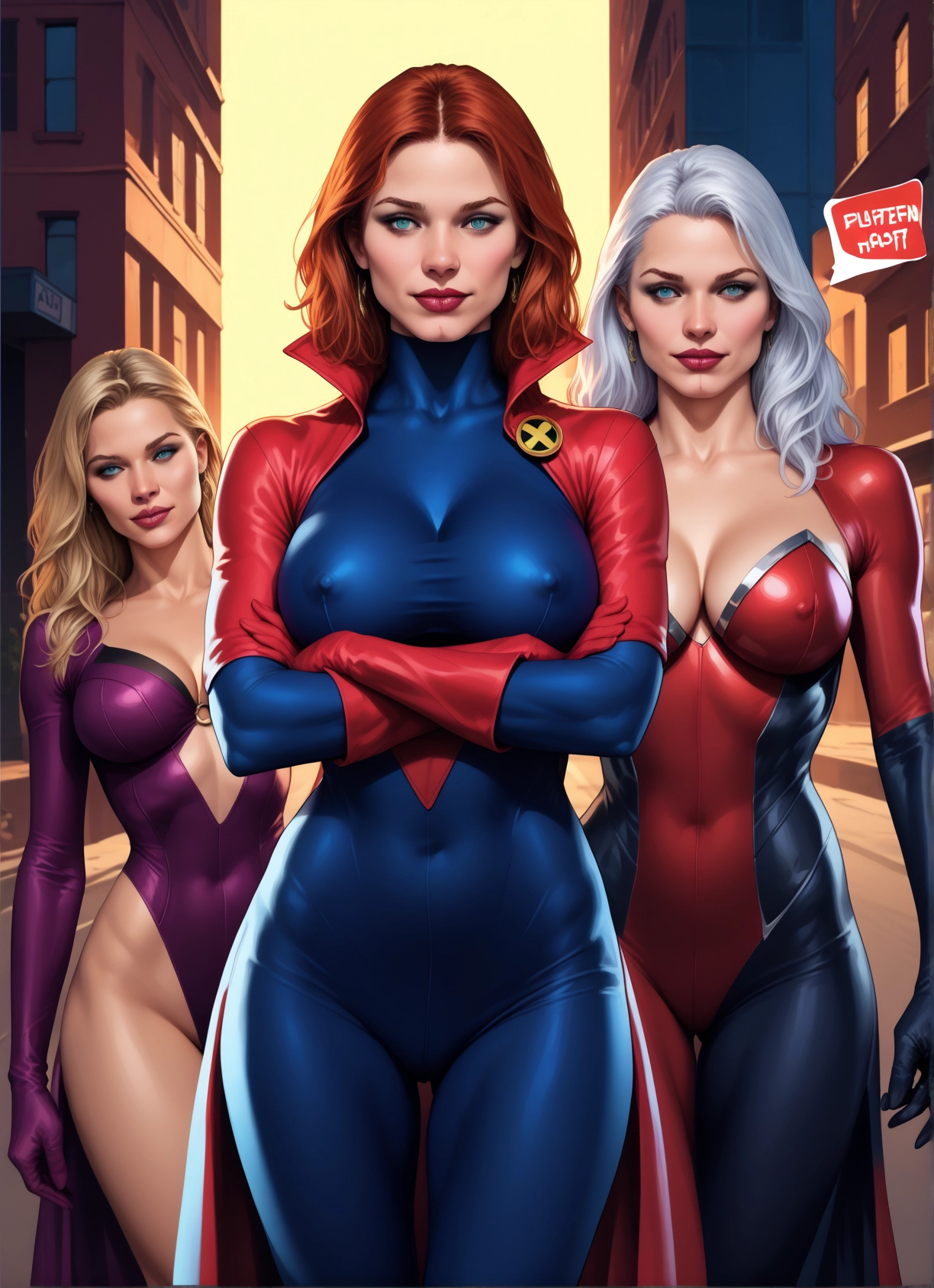 multiple girls, breasts, 3girls, blonde hair, covered nipples, bodysuit · Yamete.gg