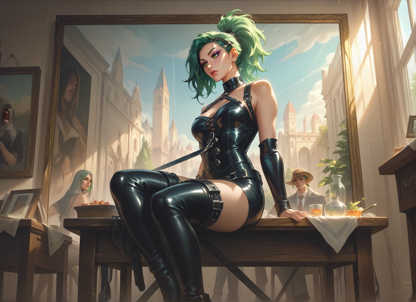 thighhighs, green eyes, green hair, breasts, sitting, boots · Yamete.gg