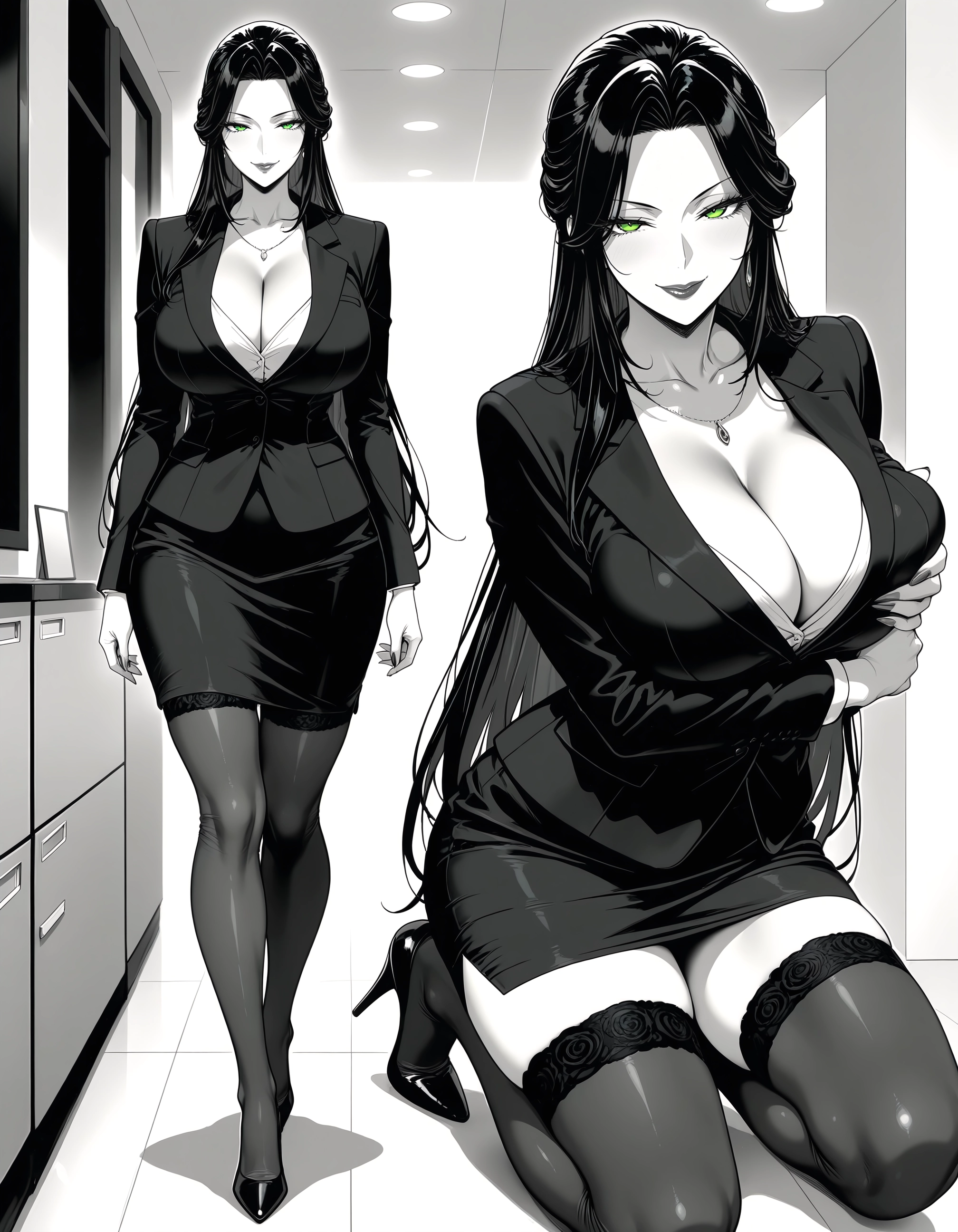 breasts, 1girl, thighhighs, green eyes, cleavage, long hair · Yamete.gg