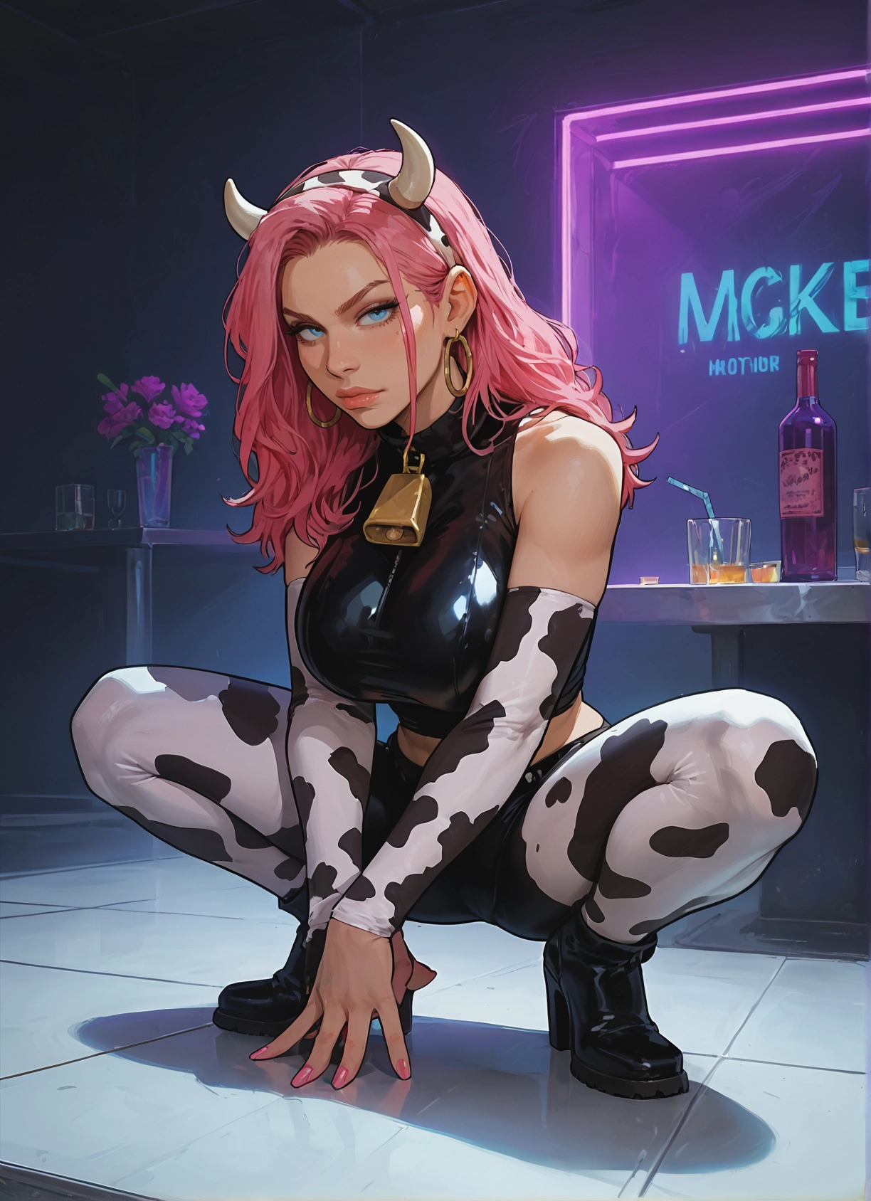 1girl, animal print, pink hair, jewelry, cow print, earrings · Yamete.gg