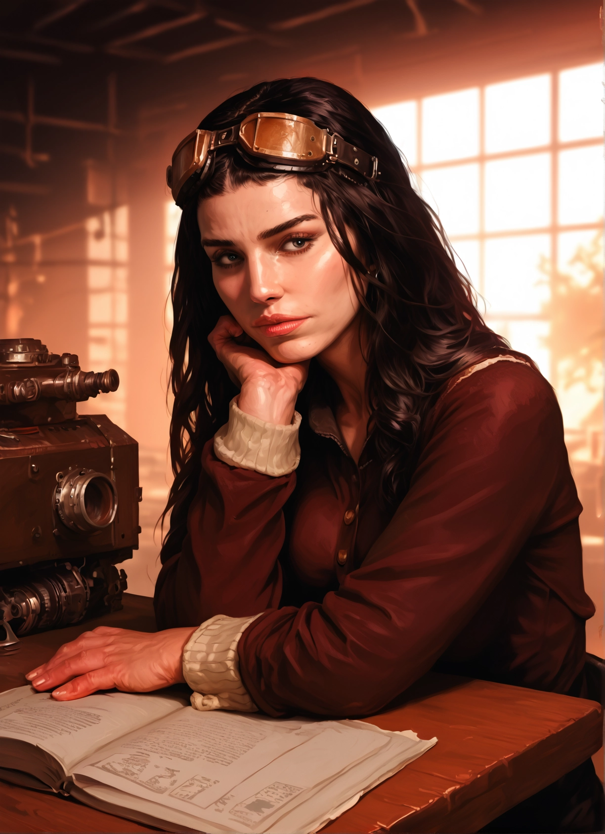 1girl, solo, goggles, book, goggles on head, long hair · Yamete.gg