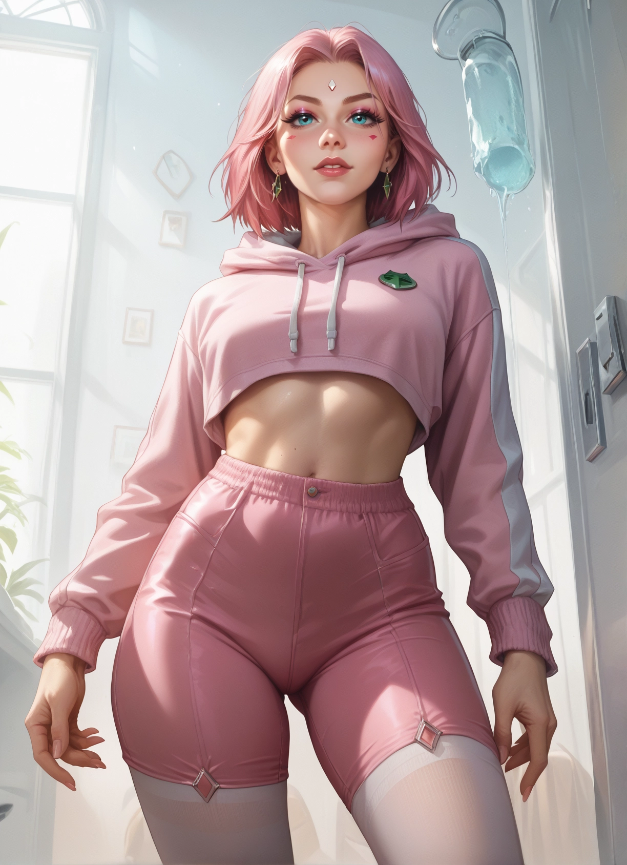 1girl, pink hair, jewelry, earrings, hood, navel · Yamete.gg