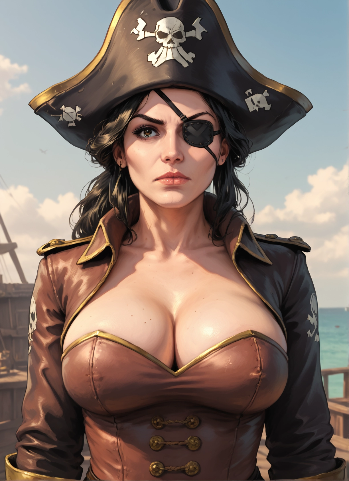 1girl, breasts, eyepatch, hat, solo, cleavage