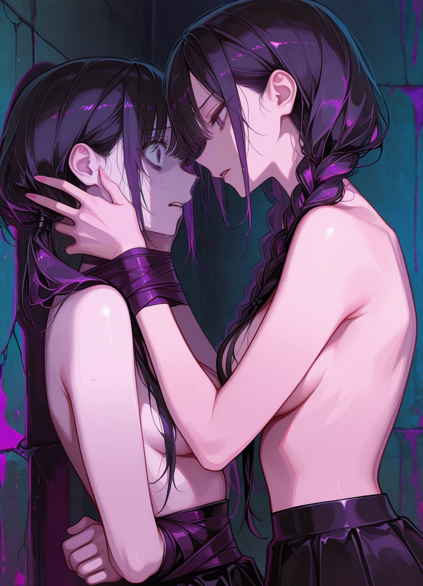 multiple girls, 2girls, breasts, braid, topless, skirt · Yamete.gg