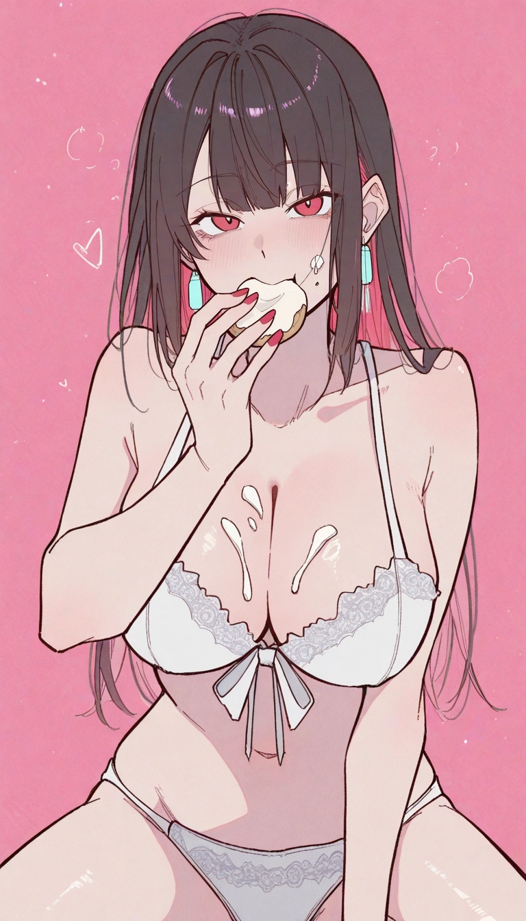 1girl, breasts, underwear, white bra, solo, pink background · Yamete.gg
