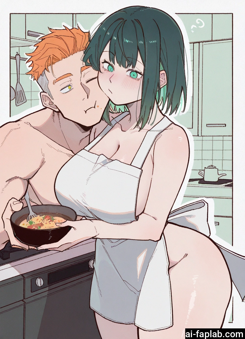 1girl, 1boy, breasts, apron, naked apron, large breasts