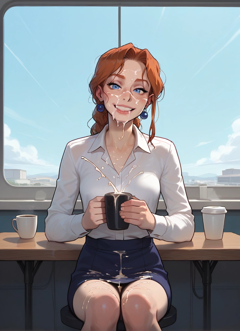 1girl, solo, skirt, sitting, earrings, blue eyes