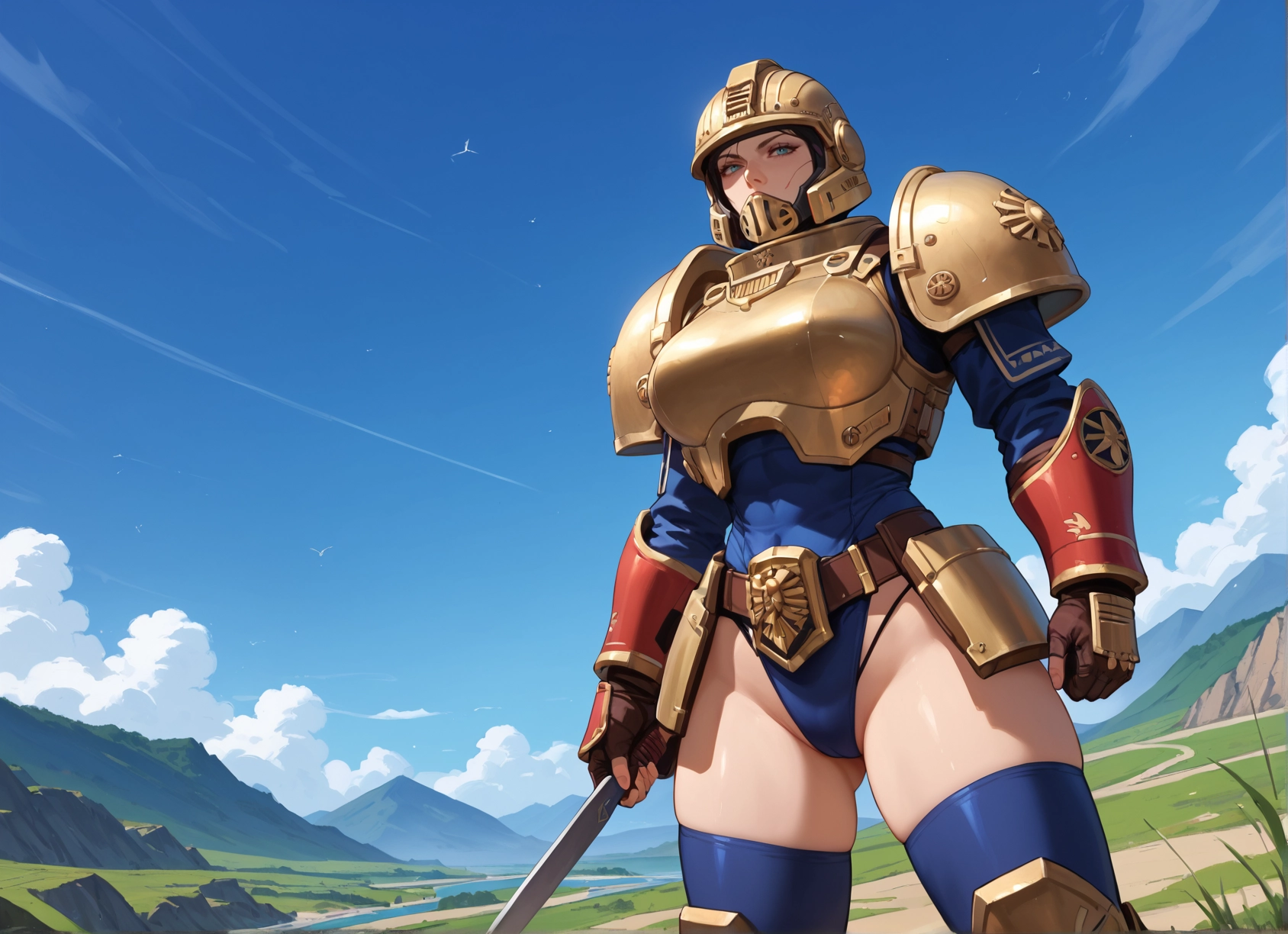 1girl, armor, helmet, thighhighs, gloves, weapon · Yamete.gg