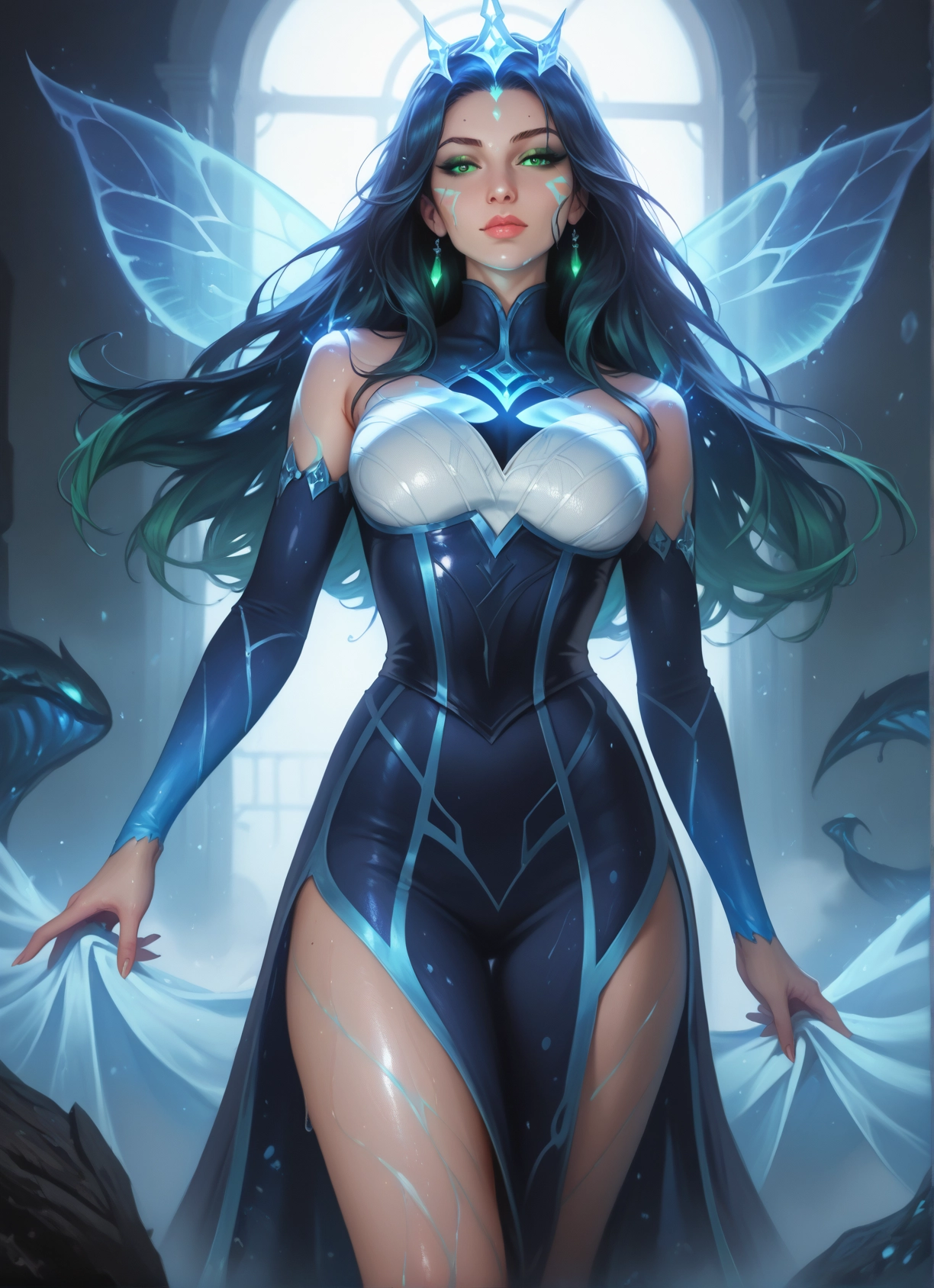 1girl, wings, green eyes, solo, long hair, jewelry · Yamete.gg