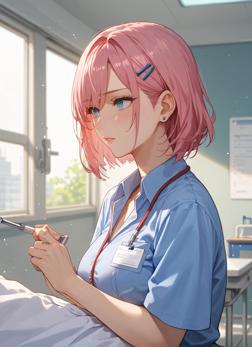 1girl, blue eyes, hair ornament, pink hair, shirt, short hair · Yamete.gg