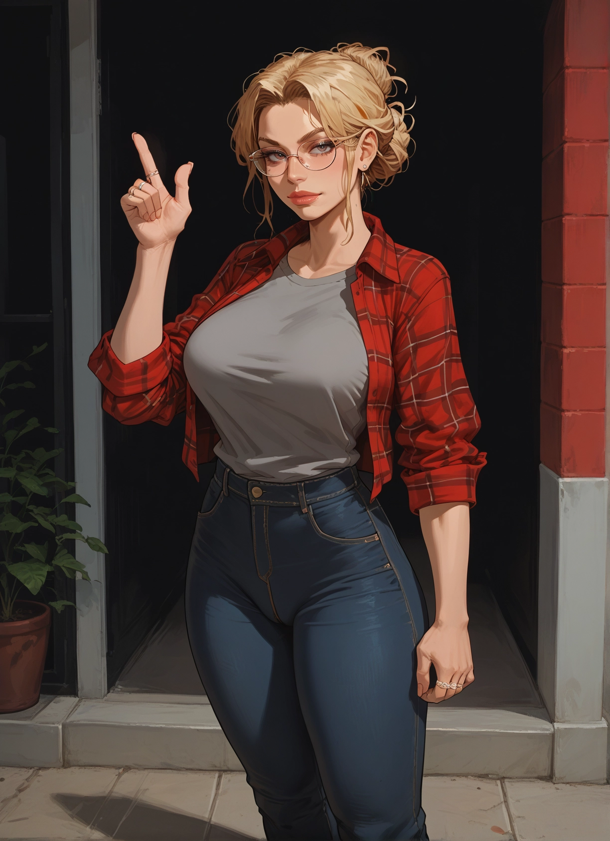 1girl, pants, jewelry, breasts, blonde hair, glasses · Yamete.gg