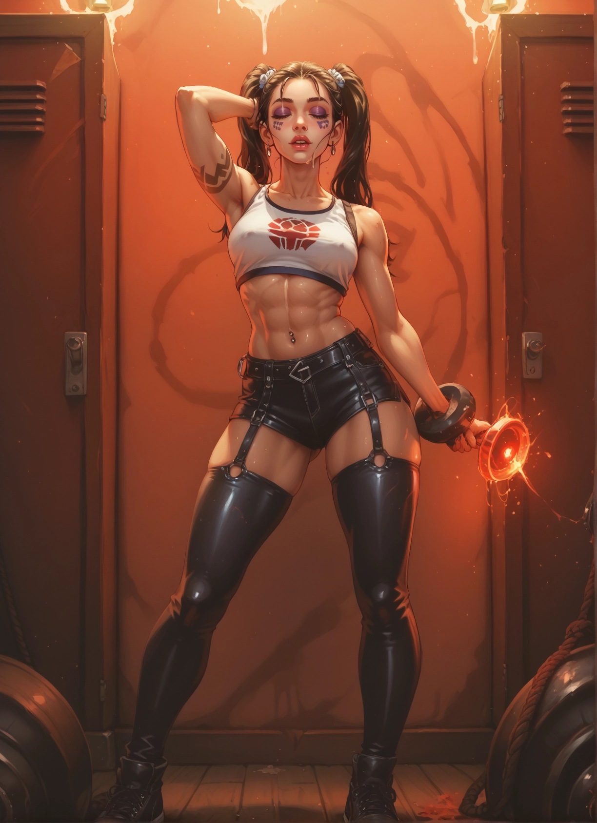 1girl, twintails, solo, abs, thighhighs, tattoo · Yamete.gg