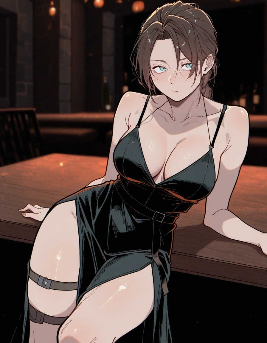 1girl, breasts, dress, large breasts, cleavage, black dress · Yamete.gg