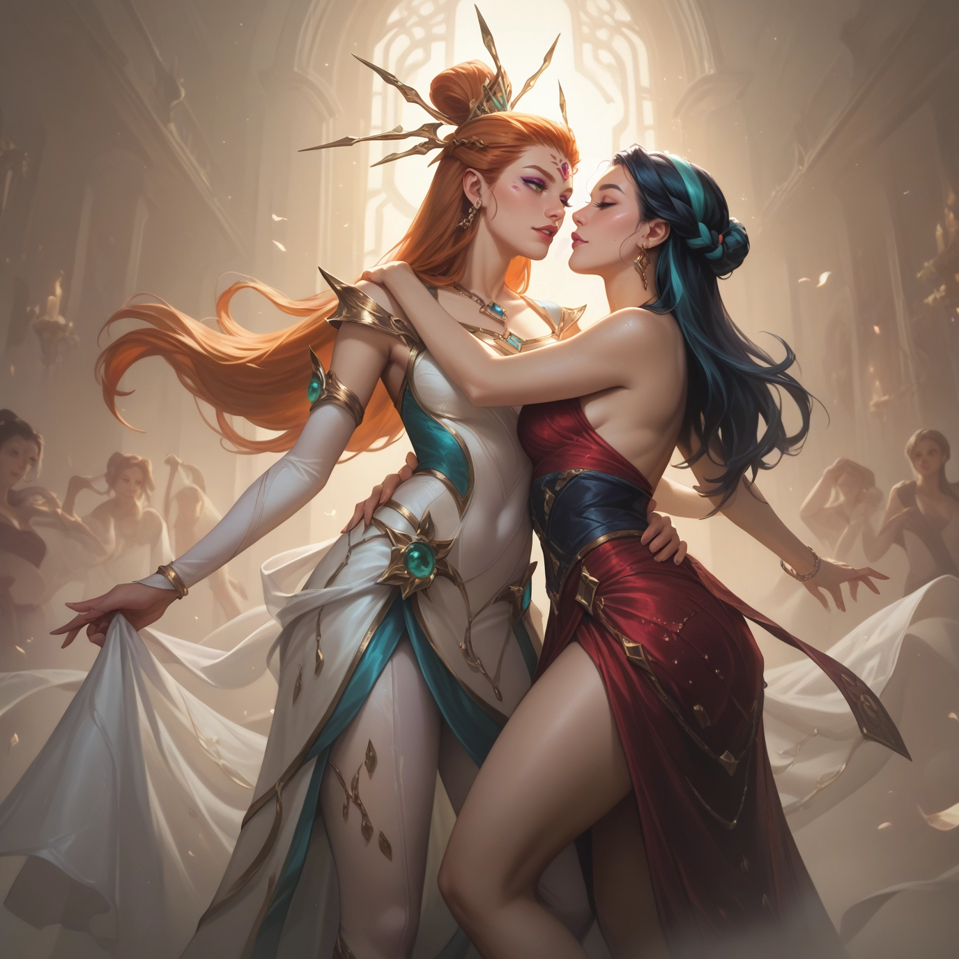 multiple girls, 2girls, dress, jewelry, long hair, yuri · Yamete.gg