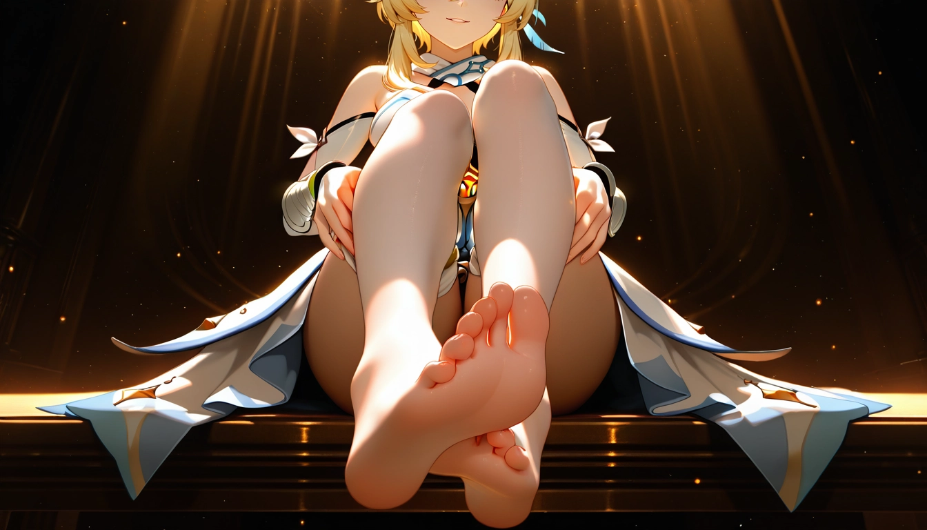 1girl, solo, feet, foot focus, lumine (genshin impact), blonde hair · Yamete.gg