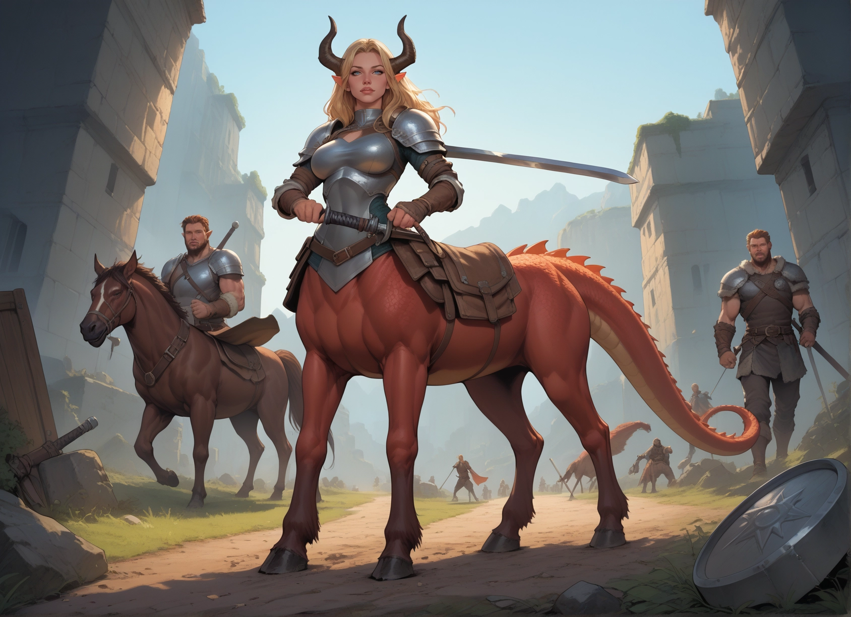 weapon, sword, armor, blonde hair, monster girl, horns · Yamete.gg