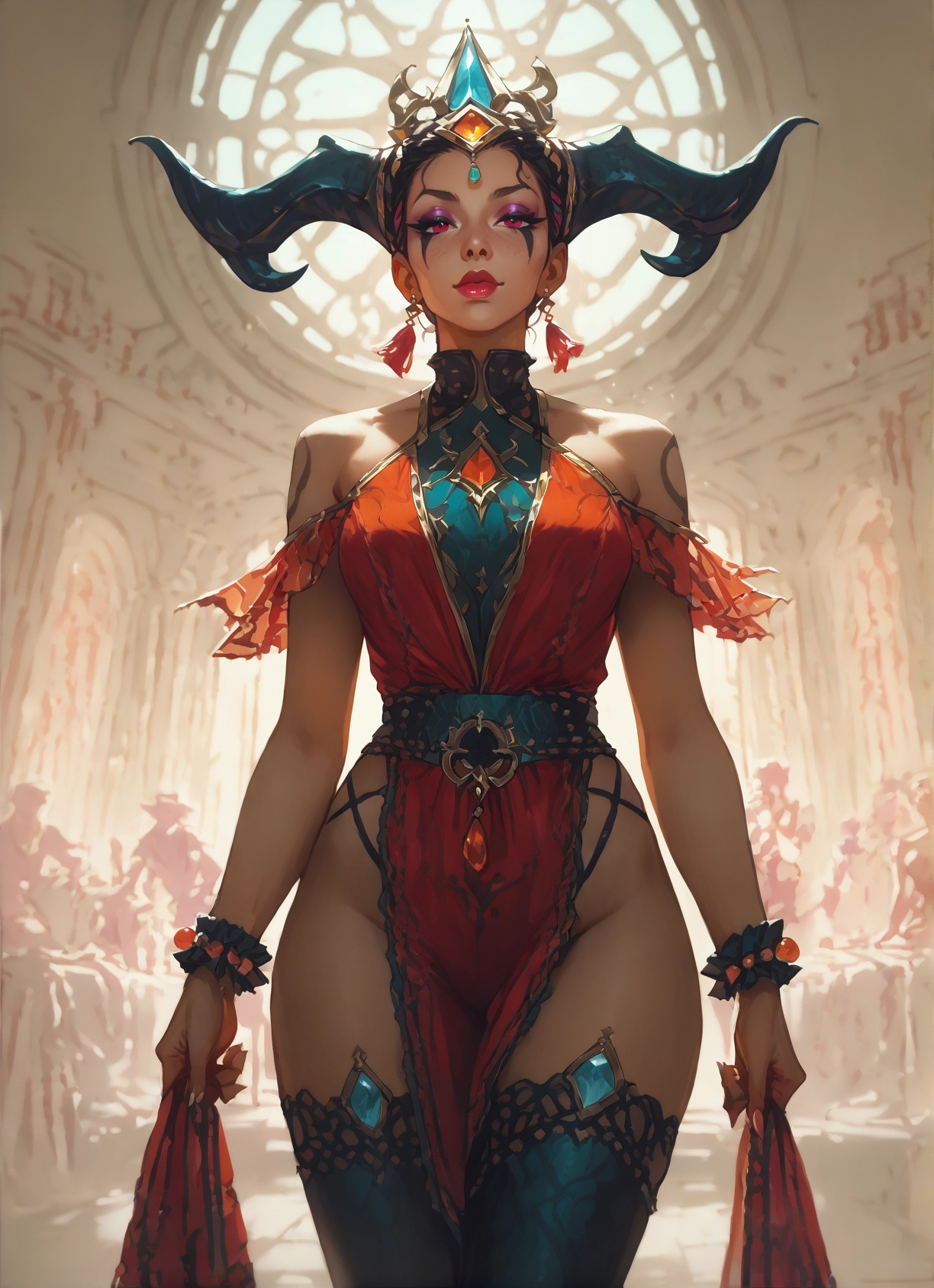 1girl, thighhighs, jewelry, horns, earrings, dress · Yamete.gg