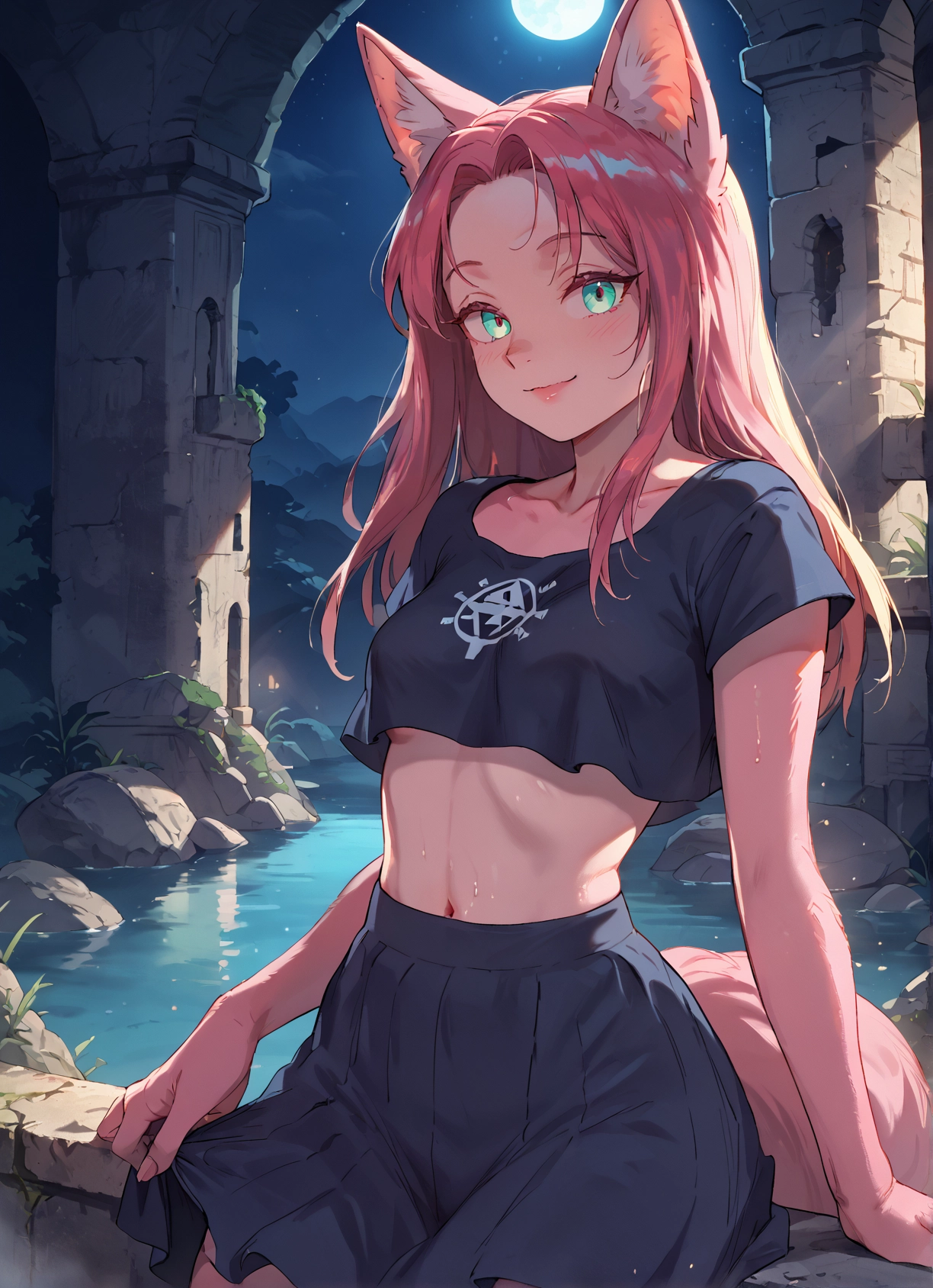 1girl, animal ears, skirt, tail, navel, solo · Yamete.gg