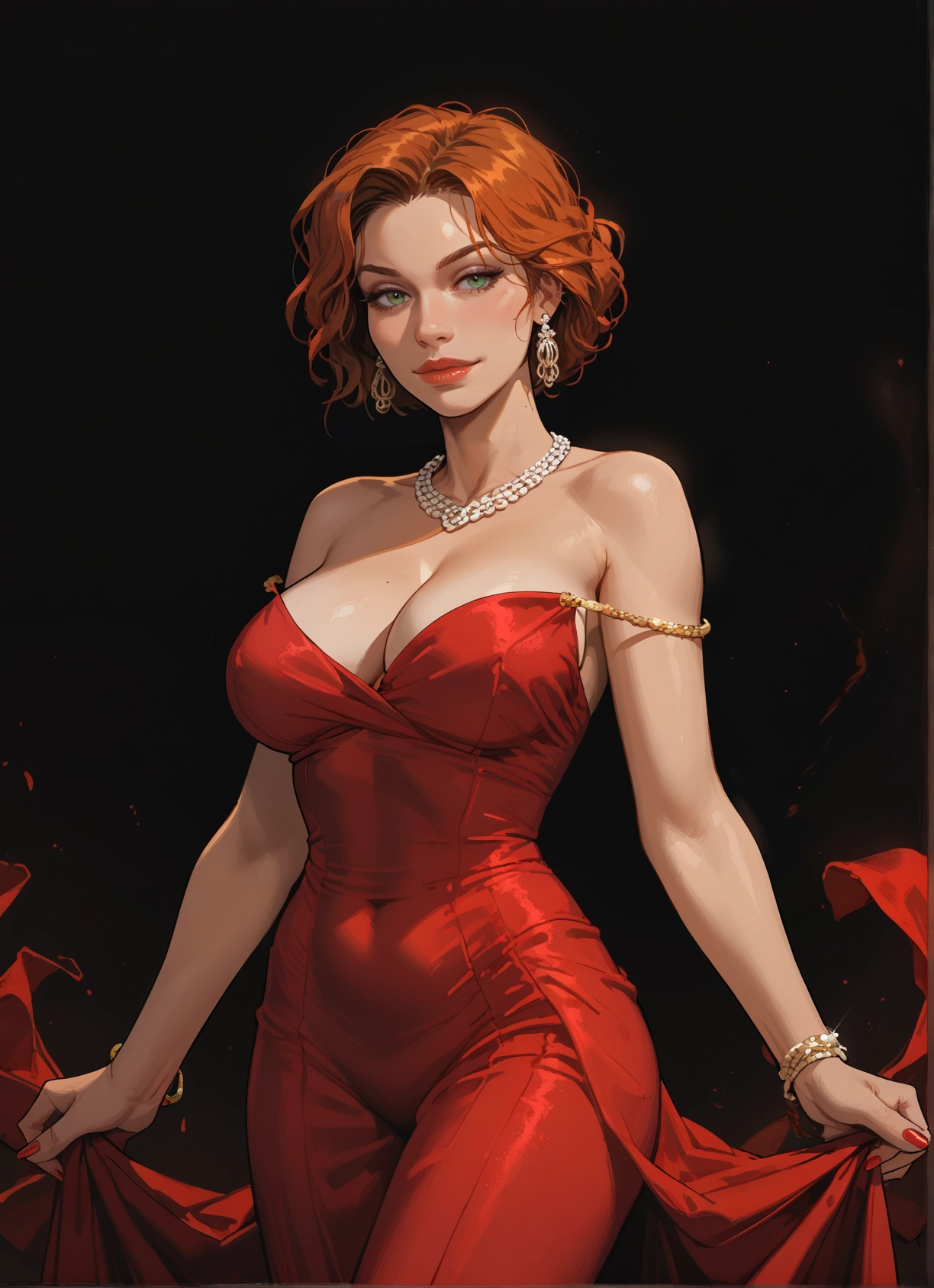 1girl, breasts, jewelry, dress, earrings, green eyes · Yamete.gg