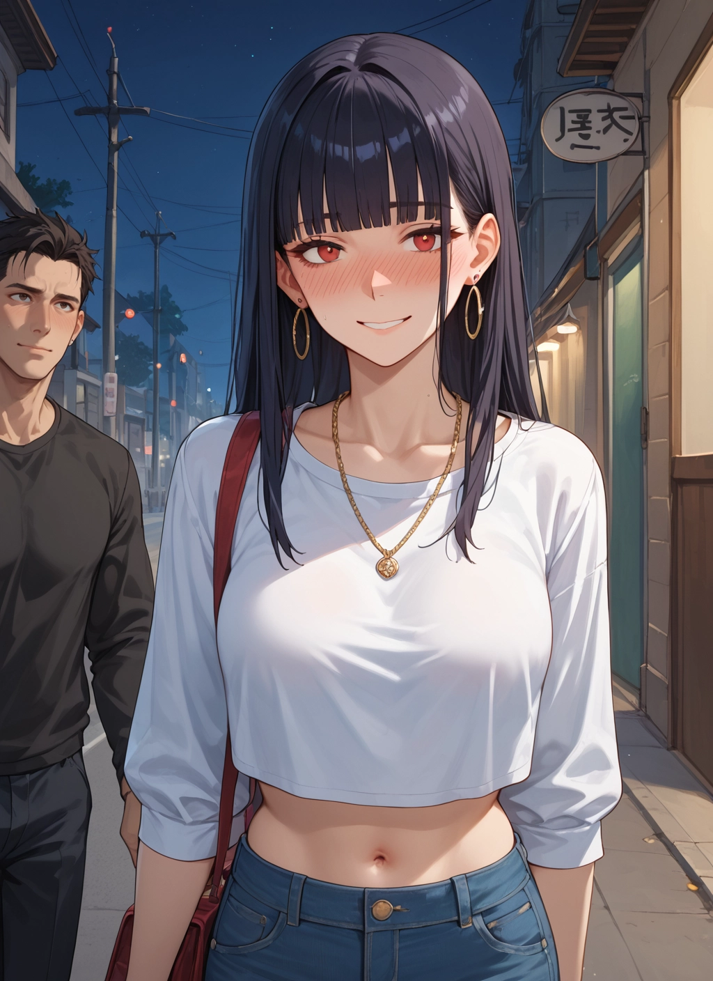 1girl, 1boy, jewelry, earrings, navel, blush · Yamete.gg