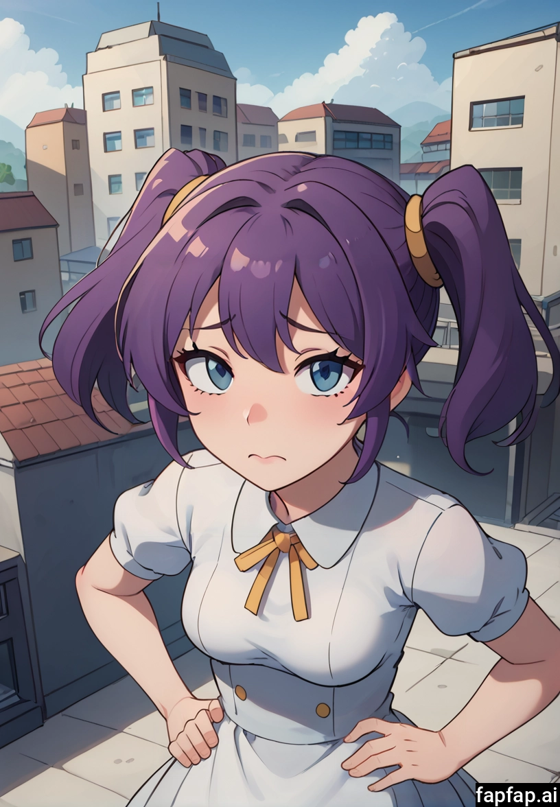 1girl, solo, hands on hips, twintails, blue eyes, purple hair · Yamete.gg
