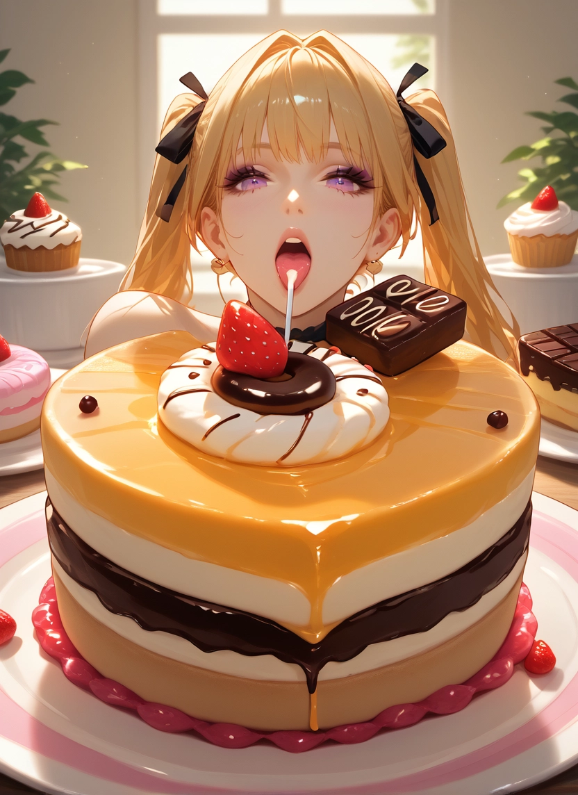 1girl, food, twintails, blonde hair, jewelry, solo · Yamete.gg