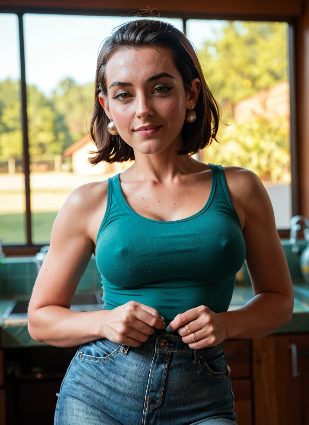 1girl, breasts, solo, jewelry, earrings, pants · Yamete.gg