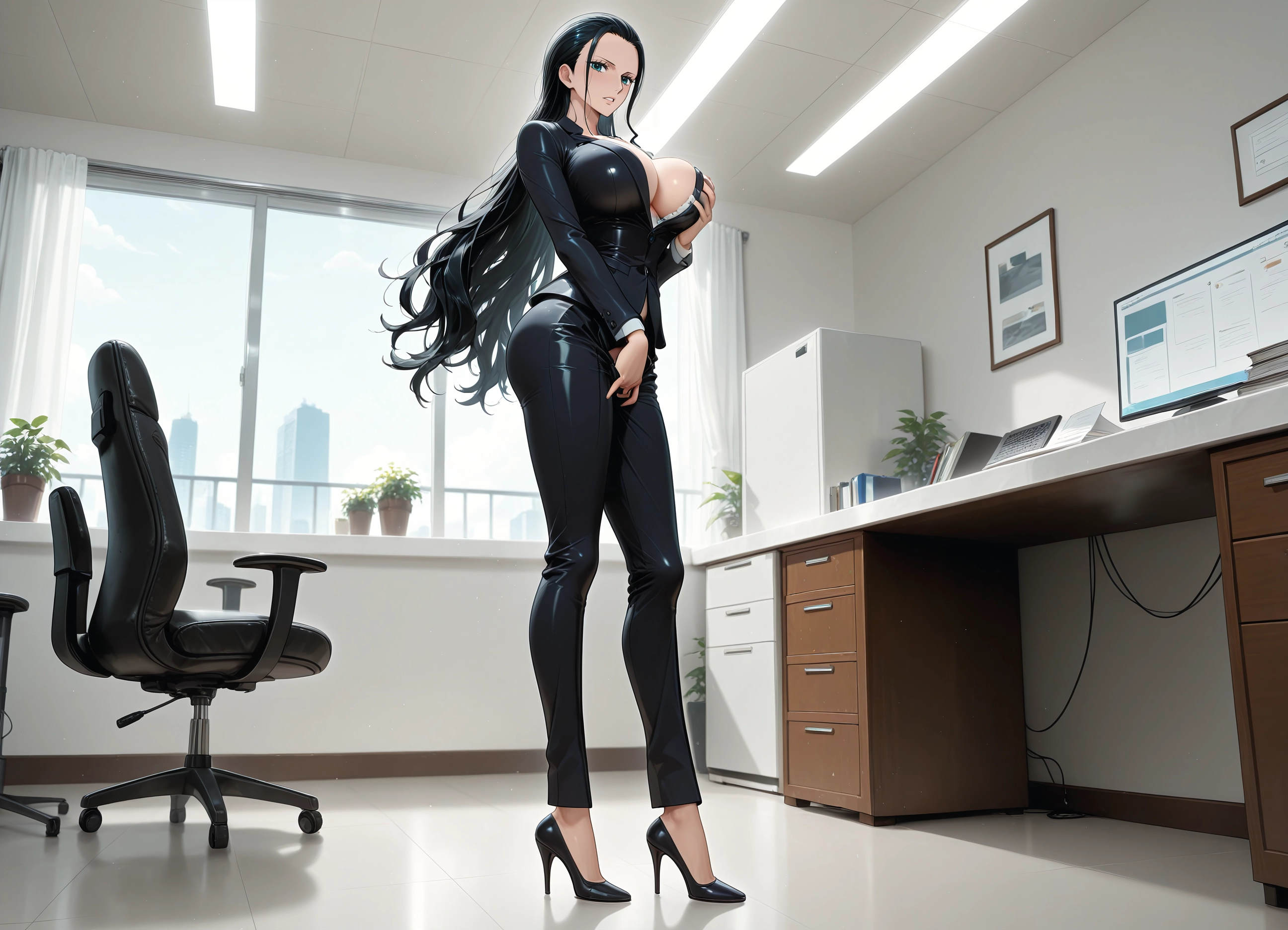 1girl, breasts, long hair, black hair, high heels, chair · Yamete.gg